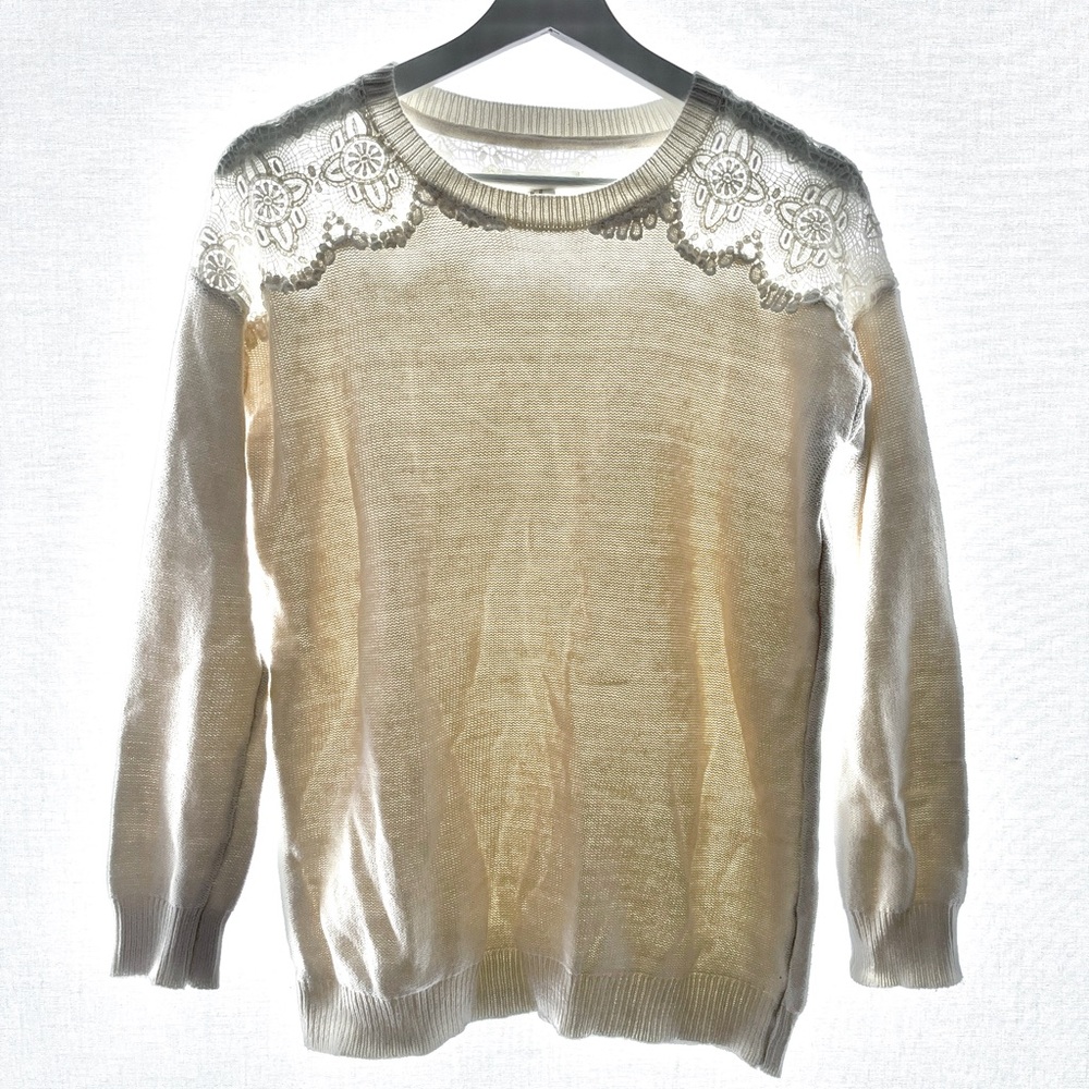 Forever 21 cream crewneck sweater with lace on shoulder